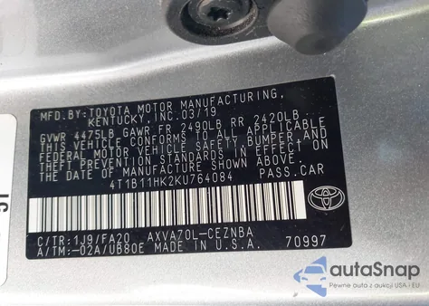 2019 Toyota Camry Le из США, поврежденный, VIN 4T1B11HK2KU764084